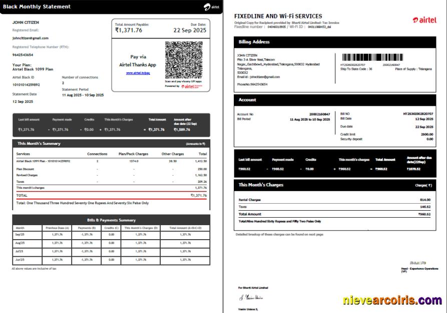 India Airtel utility bill, 2 pages, version 5